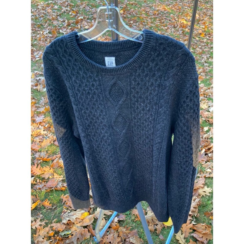 Men’s GAP Cable Knit Sweater Crew Neck Pullover Charcoal Gray Wool Size Large